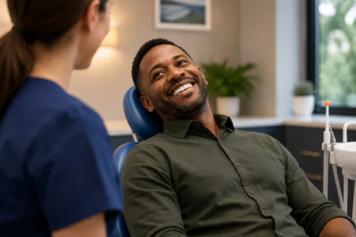 Man smiling in dental chair during a new patient exam with hygienist