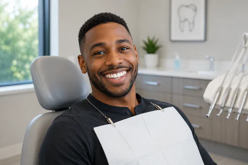 Patient smiling in dental chair after bonding procedure