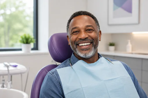 Mature man smiling in dental chair during an oral cancer screening