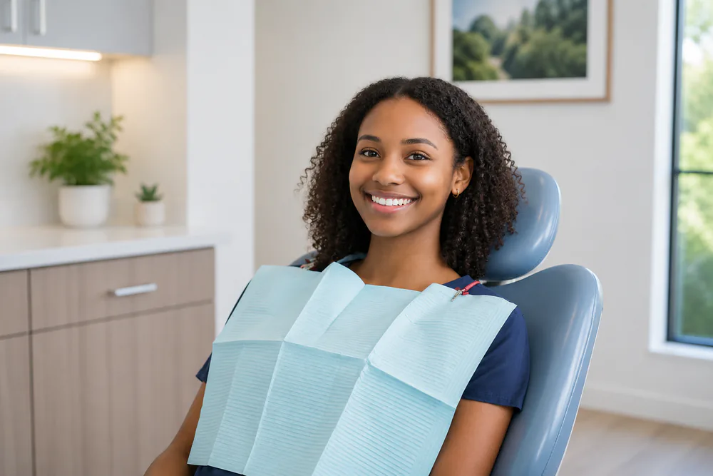 Smiling teenage girl with braces sitting in dental chair while dentist stands in clinic