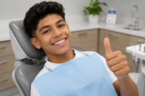 Smiling teen giving a thumbs up in the dental chair during a pediatric visit