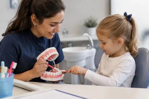 Hygienist teaching a young child how to brush teeth using a dental model