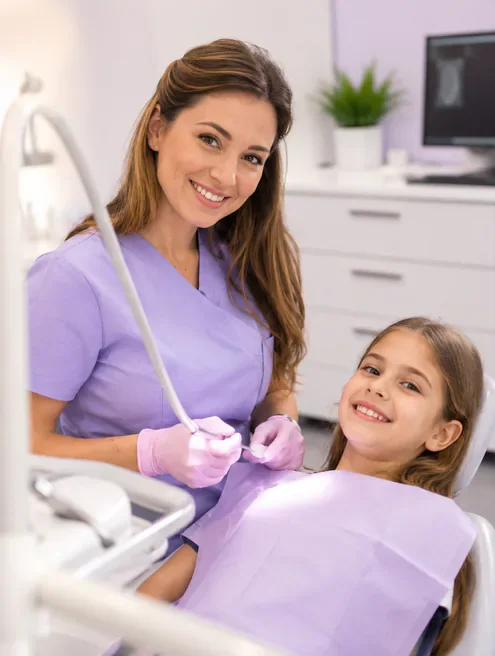 dental hygienist with boy at dental office