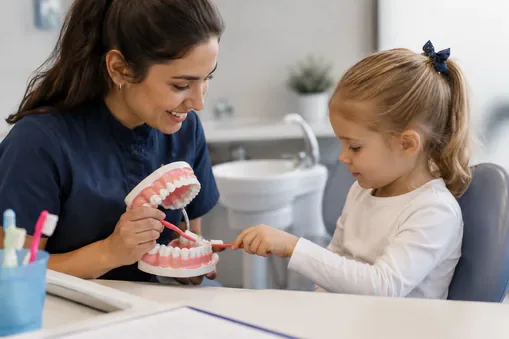 young child at dentist brushing teeth